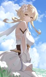 Rule 34 | 1girl, absurdres, blonde hair, blue sky, breasts, closed mouth, cloud, day, flower, genshin impact, grass, hair flower, hair ornament, highres, iwashi 111, looking at viewer, lumine (genshin impact), medium breasts, medium hair, outdoors, sitting, sky, solo, thighhighs, white thighhighs, yellow eyes