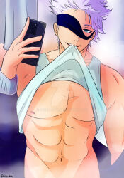 Rule 34 | 1boy, abs, biceps, blue eyes, gojou satoru, highres, jujutsu kaisen, large pectorals, male focus, muscular, muscular male, no shirt, open clothes, pectorals, selfie, short hair, sshudraw, striped clothes, topless male, undressing, white hair