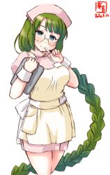 Rule 34 | 1girl, alternate costume, artist logo, beige apron, blue eyes, braid, clipboard, commentary request, cowboy shot, dated, dress, green hair, hat, highres, holding, holding clipboard, index finger raised, kanon (kurogane knights), kantai collection, long hair, looking at viewer, mole, mole under mouth, nurse, nurse cap, pink dress, simple background, single braid, smile, solo, very long hair, white background, wrist cuffs, yuugumo (kancolle)