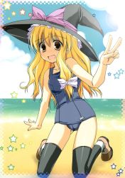 Rule 34 | 1girl, beach, black thighhighs, blonde hair, bow, cloud, day, female focus, hair bow, hat, highres, kirisame marisa, kneeling, long hair, looking at viewer, ocean, one-piece swimsuit, open mouth, outdoors, ribbon, sand, school swimsuit, shigemiya kyouhei, shoes, sky, solo, star (symbol), swimsuit, thighhighs, touhou, v, water, witch hat, yellow eyes