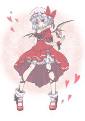 Rule 34 | 1girl, alternate costume, bad id, bad twitter id, bare shoulders, bat wings, bow, box, frills, full body, hat, hat ribbon, heart, leg ribbon, light purple hair, looking at viewer, mary janes, mob cap, puffy sleeves, red eyes, remilia scarlet, ribbon, shirt, shoes, short hair, short sleeves, skirt, skirt set, smile, socks, solo, tongue, tongue out, touhou, usalxlusa, valentine, white socks, wings, wrist cuffs