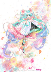 Rule 34 | 1girl, absurdly long hair, aqua eyes, aqua flower, aqua hair, bare shoulders, black skirt, blue flower, blue hair, braid, cable, cape, colorful, commentary, crypton future media, detached sleeves, dress, floral background, flower, frilled skirt, frills, full body, gradient hair, green flower, hair flower, hair ornament, hair tie, hatsune miku, high heels, holding, holding microphone, kei (keigarou), long hair, looking at viewer, magical mirai (vocaloid), magical mirai miku, magical mirai miku (2021), medallion, microphone, multicolored hair, official art, open mouth, orange flower, petals, pink flower, purple flower, rainbow, red flower, skirt, smile, solo, speaker, spring onion, twin braids, twintails, very long hair, vocaloid, white dress, white flower, white sleeves, wide sleeves, yellow flower