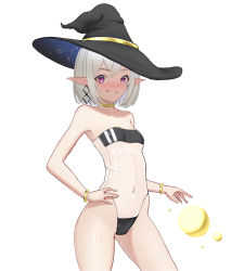 Rule 34 | 1girl, absurdres, black hat, black one-piece swimsuit, blush, bob cut, breasts, choker, collarbone, commentary, contrapposto, covered navel, earrings, english commentary, from side, gold bracelet, gold choker, grin, gris swimsuit, hair between eyes, hand on own hip, hat, highleg, highleg swimsuit, highres, jewelry, legs apart, looking at viewer, manta art, meme attire, navel, neck ring, nose blush, one-piece swimsuit, orb, original, parted bangs, pointy ears, purple eyes, see-through, see-through swimsuit, shaded face, short hair, simple background, small breasts, smile, solo, star (sky), strapless, strapless one-piece swimsuit, swimsuit, thighs, two-sided fabric, white background, white hair, witch hat