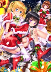 Rule 34 | 3girls, arm warmers, bell, belt, black belt, black hair, blend s, blonde hair, blue eyes, blunt bangs, blurry, blurry foreground, blush, boots, breasts, brown hair, capelet, chestnut mouth, christmas lights, christmas ornaments, christmas tree, cleavage, commentary request, depth of field, dress, fur-trimmed boots, fur-trimmed dress, fur-trimmed headwear, fur trim, hair bell, hair between eyes, hair ornament, hand on own hip, high heel boots, high heels, highres, hinata kaho, hoshikawa mafuyu, kneeling, large breasts, long hair, looking at viewer, looking back, low twintails, medium breasts, multiple girls, night, night sky, nose blush, outdoors, parted lips, purple eyes, red capelet, red dress, red footwear, sack, sakuranomiya maika, santa boots, santa costume, short hair, sitting, sky, standing, star (sky), starry sky, swordsouls, thighhighs, thighhighs under boots, twintails, very long hair, white legwear