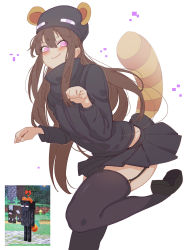 Rule 34 | 1girl, absurdres, ander (at2.), animal ears, at2., black skirt, black thighhighs, blush, brown hair, closed mouth, enderman, garter straps, highres, long hair, long sleeves, looking at viewer, mario (series), minecraft, nintendo, personification, pleated skirt, purple eyes, raccoon ears, raccoon tail, screenshot inset, skirt, smile, solo, super mario bros. 3, super smash bros., tail, thighhighs