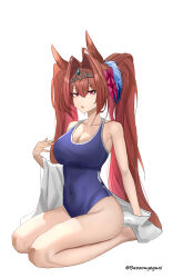 Rule 34 | 1girl, absurdres, alternate costume, animal ears, antenna hair, baozouyeguai, bare shoulders, barefoot, blue one-piece swimsuit, blush, bow, breasts, cleavage, commentary request, covered navel, daiwa scarlet (umamusume), fang, hair between eyes, hair bow, hair intakes, hair ornament, highres, horse ears, horse girl, horse tail, jacket, jacket partially removed, large breasts, long hair, looking at viewer, on ground, one-piece swimsuit, open mouth, red bow, red eyes, red hair, school swimsuit, simple background, sitting, skin fang, solo, swimsuit, tail, tiara, twintails, twitter username, umamusume, very long hair, wet, white background, white jacket