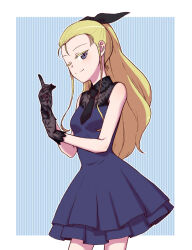 Rule 34 | 1girl, assam (girls und panzer), bare shoulders, black gloves, black necktie, blonde hair, blue dress, blue eyes, blush, breasts, closed mouth, dress, girls und panzer, gloves, hair ribbon, long hair, looking at viewer, necktie, one eye closed, ribbon, simple background, small breasts, smile, solo, striped, striped background, torinone