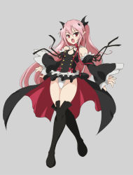 Rule 34 | 1girl, blush, boots, cape, fang, flat chest, grey background, groin, krul tepes, miniskirt, open mouth, ouhashi, owari no seraph, panties, pink hair, pointy ears, red eyes, simple background, skirt, solo, thigh boots, thighhighs, twintails, two side up, underwear, white panties