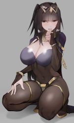 Rule 34 | 1girl, absurdres, black hair, bodystocking, bracelet, breasts, cape, circlet, cleavage, clenched teeth, covered navel, fire emblem, fire emblem awakening, grey background, grey eyes, highres, hime cut, jewelry, kataku musou, large breasts, long hair, looking at viewer, navel, nintendo, pantyhose, skin tight, solo, squatting, teeth, tharja (fire emblem), thigh strap, thumb to mouth, tiara
