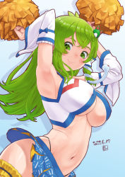 Rule 34 | 1girl, ahoge, armpits, blue background, blue skirt, breasts, cheerleader, cleavage, closed mouth, cowboy shot, dated, detached sleeves, frog hair ornament, gradient background, green eyes, green hair, hair ornament, holding, holding pom poms, kei jiei, kochiya sanae, large breasts, long hair, looking at viewer, navel, patterned clothing, pom pom (cheerleading), pom poms, shirt, skirt, smile, solo, standing, touhou, white shirt
