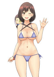 Rule 34 | 1girl, baby, bikini, blush, breasts, brown eyes, brown hair, cleavage, closed eyes, earrings, hair between eyes, highres, jewelry, large breasts, mature female, mother and child, navel, neginegio, one eye closed, original, pacifier, side-tie bikini bottom, simple background, smile, solo focus, string bikini, striped bikini, striped clothes, swimsuit, waving, white background, wide hips