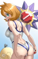Rule 34 | 1girl, absurdres, ass, blush, breasts, colored eyelashes, creatures (company), eyelashes, female focus, game freak, gen 1 pokemon, gint=ktouka, green eyes, gym leader, hand on own ass, highres, large breasts, legs, medium breasts, misty (pokemon), nintendo, one-piece swimsuit, orange hair, poke ball, pokemon, pokemon hgss, psyduck, short hair, solo, starmie, swimsuit, thighs