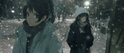 Rule 34 | 2girls, black hair, black jacket, blue eyes, closed mouth, earrings, glasses, grey neckwear, grey scarf, hands in pockets, hat, highres, jacket, jewelry, long hair, long sleeves, looking at viewer, multiple girls, original, outdoors, ponytail, scarf, snow, snowing, tree, wang-xi, white headwear, white jacket, winter, winter clothes