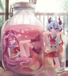 Rule 34 | 2others, ^ ^, boots, braid, closed eyes, crossed arms, cup, drink, drinking glass, gynoid talk, hair between eyes, highres, horns, in container, in cup, in jar, jar, kneeling, long hair, meika hime, meika mikoto, microa, miniskirt, multicolored hair, multiple others, open mouth, purple eyes, purple hair, purple horns, red footwear, red skirt, ribbon-trimmed shirt, ribbon-trimmed skirt, ribbon trim, sailor collar, shirt, skirt, sleeveless, sleeveless shirt, smile, streaked hair, submerged, teeth, triangle mouth, two-tone hair, upper teeth only, very long hair, vocaloid, white sailor collar, white shirt