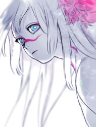 Rule 34 | 1girl, androgynous, blue eyes, blurry, caustics, closed mouth, depth of field, eyeliner, facepaint, facial mark, flower, from side, frown, gills, hair flower, hair ornament, highres, iridescent, long hair, looking at viewer, looking to the side, makeup, nkvoop, original, portrait, simple background, solo, white background