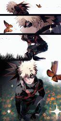 Rule 34 | 1boy, 4koma, absurdres, arm at side, awestruck, baggy pants, bakugou katsuki, belt, black footwear, black pants, blonde hair, blue outline, blurry, blurry foreground, boku no hero academia, boots, bug, butterfly, cactusnabe, chromatic aberration, colored shoe soles, combat boots, comic, commentary, cross-shaped pupils, crying, depth of field, explosive, eye mask, film grain, flower, from above, from behind, from side, grass, green belt, grenade, hair between eyes, hand on own knee, hand up, head out of frame, headgear, high collar, highres, insect, knee boots, knee pads, leaning forward, light, lily pad, looking at animal, looking up, male focus, mismatched pupils, monarch butterfly, non-circular lens flare, orange butterfly, outline, pants, parted lips, pink flower, portrait, profile, red eyes, sanpaku, scratches, sequential, shadow, short hair, single horizontal stripe, slit pupils, sparkle, spiked hair, standing, standing on liquid, symbol-shaped pupils, tears, torn mask, twitter username, two-tone gloves, upper body, white background, wrist guards, x, yellow flower