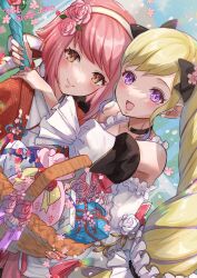 Rule 34 | 2girls, :d, bare shoulders, blonde hair, blush, bow, brown eyes, capelet, choker, collarbone, detached sleeves, earrings, elise (fire emblem), elise (valentine) (fire emblem), fire emblem, fire emblem fates, fire emblem heroes, flower, hair bow, highres, japanese clothes, jewelry, kimono, long hair, long sleeves, looking at viewer, multiple girls, nintendo, official alternate costume, open mouth, pink flower, pink hair, pink rose, purple eyes, red capelet, rose, sakura (fire emblem), sakura (valentine) (fire emblem), short hair, smile, snow20200, twitter username, upper body, very long hair, white kimono