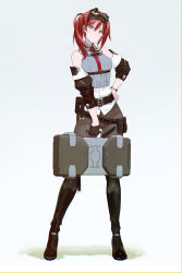 Rule 34 | 1girl, belt, boots, case, commentary, contrapposto, detached sleeves, earpiece, frown, gloves, goggles, goggles on head, grey eyes, hand on own hip, head tilt, highres, holding, kawaguchi (mojacome), long hair, looking at viewer, mechanic, necktie, original, pouch, red hair, shadow, single glove, solo, steampunk, underbust