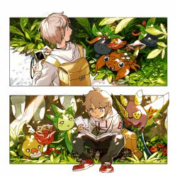 Rule 34 | 1boy, backpack, bag, blonde hair, book, bright pupils, camera, commentary request, creatures (company), dustox, forest, game freak, gen 1 pokemon, gen 3 pokemon, gen 5 pokemon, grey eyes, holding, holding camera, hood, hood down, hoodie, looking to the side, male focus, mushroom, nature, newo (shinra-p), nintendo, oddish, outdoors, pants, paras, pokemon, pokemon (creature), red footwear, roselia (pokemon), sewaddle, shoes, sitting, tree, white hoodie, white pupils, yellow bag