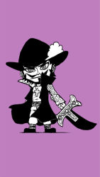 Rule 34 | 1boy, abs, arm at side, beard, belt, blacknirrow, boots, cape, chibi, closed mouth, cross, cross necklace, cutlass, dracule mihawk, facial hair, floral print, full body, hat, hat feather, high collar, holding, holding sword, holding weapon, jewelry, latin cross, long sleeves, looking at viewer, male focus, monochrome, mustache, necklace, no shirt, one piece, pants, purple background, ringed eyes, short hair, simple background, sketch, solo, standing, sword, weapon, yoru (sword)