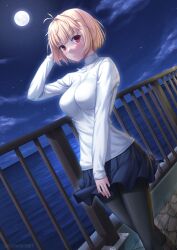 Rule 34 | 1girl, antenna hair, arcueid brunestud, belt boots, black pantyhose, blonde hair, blue skirt, blush, boots, breasts, cloud, dated, dutch angle, full moon, hand up, jewelry, large breasts, miniskirt, miyai sen, moon, necklace, night, ocean, outdoors, pantyhose, pleated skirt, railing, red eyes, reflection, reflective water, shore, short hair, skirt, sky, solo, standing, star (sky), starry sky, sweater, tsukihime, tsukihime (remake), turtleneck, white sweater