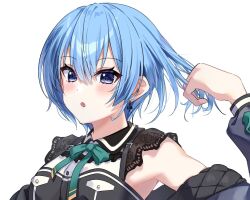 Rule 34 | 1girl, adjusting hair, alternate hair length, alternate hairstyle, blue eyes, blue hair, blue jacket, blush, earrings, green ribbon, hair between eyes, hand up, hololive, hoshimachi suisei, hoshimachi suisei (streetwear), jacket, jewelry, lace sleeves, looking at viewer, muyamii, neck ribbon, off shoulder, official alternate costume, open mouth, ribbon, short hair, short sleeves, sidelocks, simple background, solo, star (symbol), star in eye, symbol in eye, upper body, virtual youtuber, white background