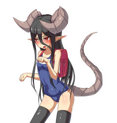 Rule 34 | &gt;:o, 1girl, :o, angry, backpack, bag, black hair, black thighhighs, blue one-piece swimsuit, blush, breasts, clenched hands, cowboy shot, dragon girl, dragon horns, dragon tail, dream demon, embarrassed, fang, from side, hair between eyes, horned girl (dream demon), horns, legs apart, long hair, long pointy ears, looking to the side, monster girl, name tag, nose blush, one-piece swimsuit, open mouth, original, paw pose, pointy ears, randoseru, red eyes, school swimsuit, sidelocks, simple background, small breasts, solo, standing, sweatdrop, swimsuit, tail, tears, thighhighs, v-shaped eyebrows, very long hair