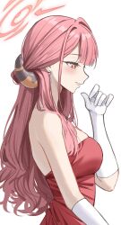 Rule 34 | 1girl, aru (blue archive), bare shoulders, blue archive, blush, demon girl, demon horns, dress, earrings, elbow gloves, from side, gloves, halo, highres, horns, jewelry, long hair, official alternate costume, red dress, red hair, reia 76, solo, strapless, strapless dress, white gloves, yellow eyes