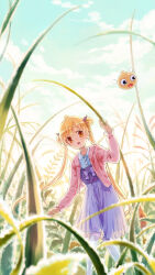 Rule 34 | 1girl, :o, arm up, blonde hair, bow, brown eyes, buttons, cloud, collared dress, commentary request, creature, day, dew drop, double bun, dress, dress bow, grass, green sky, hair bun, highres, jacket, long hair, long sleeves, looking to the side, mini person, minigirl, moekon, open mouth, original, outdoors, pink jacket, purple bow, purple dress, purple sash, sash, sky, solo, standing, water drop