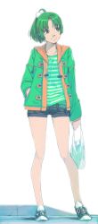 Rule 34 | akinbo (hyouka fuyou), bag, black shorts, coat, collarbone, full body, green coat, green eyes, green hair, hair bobbles, hair ornament, hand in pocket, highres, holding, holding bag, looking to the side, midorikawa nao, multiple girls, open clothes, open coat, plastic bag, ponytail, precure, shirt, shoes, short hair, short shorts, shorts, simple background, smile precure!, sneakers, solo, standing, striped clothes, striped shirt, white background