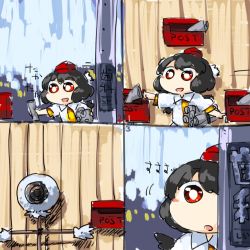 Rule 34 | 1girl, 4koma, :d, :o, black hair, comic, crow wings, hat, hiding, japanese text, mailbox (incoming mail), newspaper, numbered panels, open mouth, pom pom (clothes), red eyes, running, scarecrow, shameimaru aya, shirt, smile, target, tokin hat, touhou, utility pole, wings, yaise