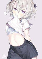 Rule 34 | 1girl, black ribbon, black skirt, blush, bow, bow bra, bra, breasts, capriccio, clothes in mouth, clothes lift, commentary request, grey background, grey hair, hair between eyes, hair ribbon, kapu rinko, lifted by self, mouth hold, navel, original, pleated skirt, purple eyes, ribbon, sailor collar, shirt, shirt in mouth, shirt lift, short sleeves, simple background, skirt, small breasts, solo, translation request, two side up, underwear, white bra, white sailor collar, white shirt