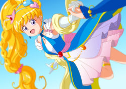 Rule 34 | 2girls, blonde hair, blue choker, blue dress, bracelet, breasts, choker, colored skin, cure magical (sapphire style), cure miracle, cure miracle (sapphire style), detached sleeves, dress, elbow gloves, gloves, hair ornament, hat, heart, heart hair ornament, jewelry, kamonan (pixiv id 1430057), long hair, looking at another, magical girl, mahou girls precure!, midriff, mini hat, mini witch hat, multicolored skin, multiple girls, navel, open mouth, outdoors, pink headwear, precure, purple eyes, sash, shawl, small breasts, smile, two-tone skin, white dress, white gloves, wide ponytail, witch hat