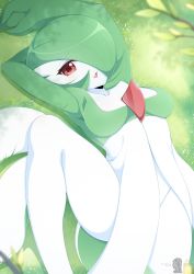 Rule 34 | 1girl, absurdres, bad id, bad twitter id, breasts, colored skin, creatures (company), crotch, day, from above, game freak, gardevoir, gen 3 pokemon, grass, green hair, hair over one eye, highres, looking at viewer, lying, medium breasts, nintendo, on back, open mouth, outdoors, pokemon, pokemon (creature), red eyes, short hair, solo, totallyiryanic, white skin