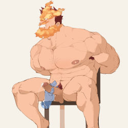 Rule 34 | absurdres, bara, bdsm, beard, bondage, bound, camerion camill, chest hair, completely nude, endeavor (boku no hero academia), facial hair, fire, highres, muscular, muscular male, nude, pectorals, penis
