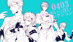 Rule 34 | 4boys, aged up, battle tendency, blue background, caesar anthonio zeppeli, cropped jacket, facial mark, feather hair ornament, feathers, fingerless gloves, gloves, hair ornament, head wings, headband, jacket, jojo no kimyou na bouken, male focus, midriff, monochrome, multiple boys, multiple persona, ribbon, s gentian, scarf, spot color, wings, wrench