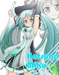 Rule 34 | 1girl, adapted costume, aqua eyes, aqua hair, aqua nails, aqua necktie, armpits, bespectacled, blouse, character name, collared shirt, detached sleeves, frilled shirt, frills, glasses, glowing, grey shirt, hatsune miku, headset, long hair, looking at viewer, nail polish, necktie, shirt, simple background, skirt, sleeveless, sleeveless shirt, solo, spring onion, twintails, very long hair, vocaloid, white background, zara (corundum), zoom layer