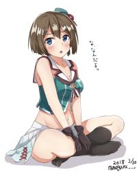 Rule 34 | 1girl, black gloves, blue eyes, breasts, brown hair, cleavage, commentary request, dated, gloves, hair ornament, hairclip, hat, hat ribbon, headgear, highres, indian style, kantai collection, maya (kancolle), maya kai ni (kancolle), meguru (megurunn), midriff, one-hour drawing challenge, pleated skirt, red ribbon, ribbon, short hair, simple background, sitting, skirt, sleeveless, solo, twitter username, white background, white skirt, x hair ornament