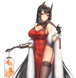 Rule 34 | 1girl, bangle, black gloves, black hair, black thighhighs, blunt bangs, blush, bracelet, breasts, china dress, chinese clothes, cleavage, cleavage cutout, closed mouth, clothing cutout, covered navel, d. (ddot2018), dress, earrings, eyeshadow, fish, folded fan, folding fan, garter straps, gloves, goldfish, hair ornament, hairclip, hand fan, holding, holding fan, horns, iron saga, jewelry, lace, lace-trimmed legwear, lace trim, large breasts, makeup, partially fingerless gloves, pelvic curtain, purple eyes, red dress, sidelocks, simple background, smile, solo, thighhighs, thighs, white background, yan zhi (iron saga)