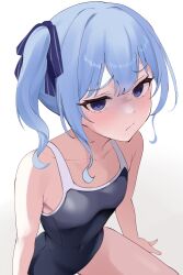 Rule 34 | 1girl, alternate costume, alternate eye color, blue eyes, blue hair, blue one-piece swimsuit, blue ribbon, blush, breasts, closed mouth, collarbone, covered navel, fawny, frown, glaring, hair ribbon, highres, hololive, hoshimachi suisei, looking at viewer, medium hair, one-piece swimsuit, pout, purple eyes, ribbon, school swimsuit, shaded face, side ponytail, simple background, sitting, small breasts, solo, star (symbol), star in eye, swimsuit, symbol in eye, variant set, virtual youtuber, white background