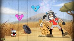 Rule 34 | 10s, 1boy, 2girls, andro juniarto, animalization, backpack, bag, black gloves, black legwear, brown footwear, cellien (kemono friends), crossover, cuphead, cuphead (game), drinking straw, fake screenshot, gameplay mechanics, gloves, hat feather, health bar, helmet, kaban (kemono friends), kemono friends, multiple girls, outdoors, pantyhose, pantyhose under shorts, parody, personification, pith helmet, red shirt, red shorts, retro artstyle, serval (kemono friends), shirt, short hair, shorts, standing, style parody, t-shirt, teeth, toon (style), video game, wavy hair