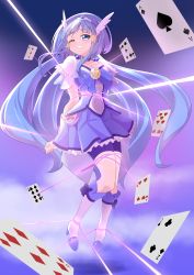 Rule 34 | 1girl, absurdres, ace (playing card), ace of spades, aoki reika, bdsm, bike shorts under skirt, blouse, blue choker, blue eyes, blue hair, blue skirt, blue theme, blunt bangs, bondage, boots, bound, brooch, card, choker, collarbone, cure beauty, full body, gradient background, head wings, highres, jewelry, long hair, magical girl, one eye closed, playing card, poker, precure, puffy short sleeves, puffy sleeves, restrained, shirt, short sleeves, skirt, smile precure!, spade (shape), tiara, tied up (nonsexual), tirofinire, very long hair, white footwear, wings