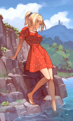 Rule 34 | 1girl, barefoot, blonde hair, blue eyes, blue scrunchie, blue sky, breasts, cloud, collarbone, commentary, day, dress, elf, english commentary, feet, frog, full body, hair ornament, hair scrunchie, high ponytail, highres, medium breasts, medium hair, mountain, mountainous horizon, original, outdoors, pointy ears, pond, puffy short sleeves, puffy sleeves, red dress, scenery, scrunchie, short sleeves, sidelocks, sky, solo, standing, sunlight, timbougami, toes
