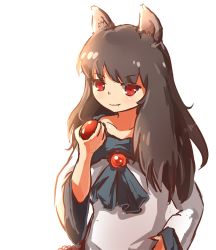 Rule 34 | 1girl, animal ears, apple, brooch, brown hair, dress, fang, food, fruit, hand on own hip, imaizumi kagerou, jewelry, kotou (ko-tou), long hair, red eyes, sketch, smile, solo, tail, touhou, wolf ears, wolf tail