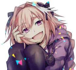 1boy astolfo_(fate) astolfo_(memories_at_trifas)_(fate) black_bow black_pantyhose bow braid fate/apocrypha fate_(series) hair_bow hair_intakes hand_on_own_head hood hooded_jacket jacket long_hair looking_at_viewer male_focus multicolored_hair official_alternate_costume open_clothes open_mouth pantyhose pink_hair purple_eyes purple_jacket shirt simple_background single_braid smile solo streaked_hair striped_clothes striped_shirt takasaki_(rock_rock) trap upper_body white_background white_hair