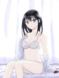 Rule 34 | 1girl, backlighting, bed, black bow, black bowtie, black eyes, black hair, bow, bowtie, unworn bowtie, bra, breasts, cleavage, closed mouth, commentary request, curtains, dress shirt, floral print, holding, indoors, lace, lace-trimmed bra, lace trim, light frown, long sleeves, looking at viewer, medium breasts, medium hair, navel, no pants, off shoulder, on bed, open clothes, open shirt, original, osumi izumi, pale skin, panties, print bra, shirt, sitting, solo, underwear, white bra, white panties, white shirt