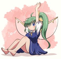 Rule 34 | 1girl, ahoge, arm up, arms up, ass, barefoot, blue eyes, daiyousei, fairy wings, green hair, knees up, one eye closed, rokugou daisuke, simple background, sitting, solo, stretching, touhou, white background, wings