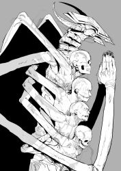 Rule 34 | chainsaw man, darkness devil, extra arms, grey background, greyscale, highres, horns, long arms, looking to the side, monochrome, monster, multiple heads, no eyes, oosawara sadao, own hands clasped, own hands together, simple background, skeleton, skull, stitched mouth, stitches, white horns