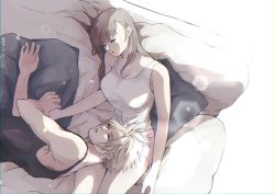 Rule 34 | 1boy, 1girl, bare shoulders, blonde hair, breasts, brown hair, closed eyes, cloud strife, couch, couple, cushion, final fantasy, final fantasy vii, highres, holding hands, indoors, large breasts, long hair, lying, on back, on side, pumi, shorts, sitting, sleeping, spiked hair, square enix, tank top, tifa lockhart, twitter username