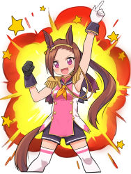 Rule 34 | 1girl, :d, absurdres, animal ears, arm up, armpits, asymmetrical gloves, black gloves, black sailor collar, black shorts, blush, breasts, brown hair, brown hairband, clenched hand, commentary request, cropped legs, epaulettes, explosion, flower-shaped pupils, gloves, hairband, hand up, happy, high ponytail, highres, horse ears, horse girl, horse tail, index finger raised, long hair, looking at viewer, meis (terameisu), mismatched gloves, neckerchief, open mouth, pink shirt, purple eyes, sailor collar, sakura bakushin o (umamusume), shirt, shorts, sleeveless, sleeveless shirt, smile, solo, standing, star (symbol), symbol-shaped pupils, tail, thighhighs, umamusume, white background, white gloves, white thighhighs, yellow neckerchief